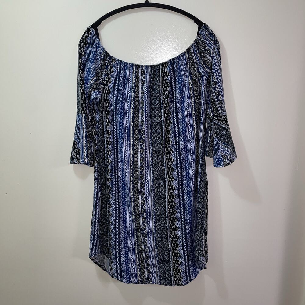 Kristin Nicole Womens 2X Dress Blue Geometric Print Bell Sleeve On/Off Shoulder